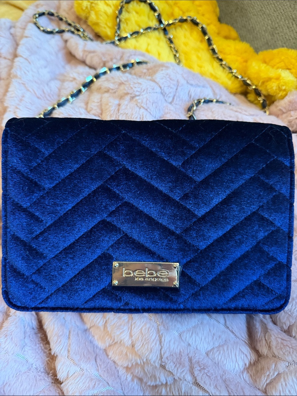 bebe Quilted Velvet Crossbody Bag - Deep Blue with Gold Hardware